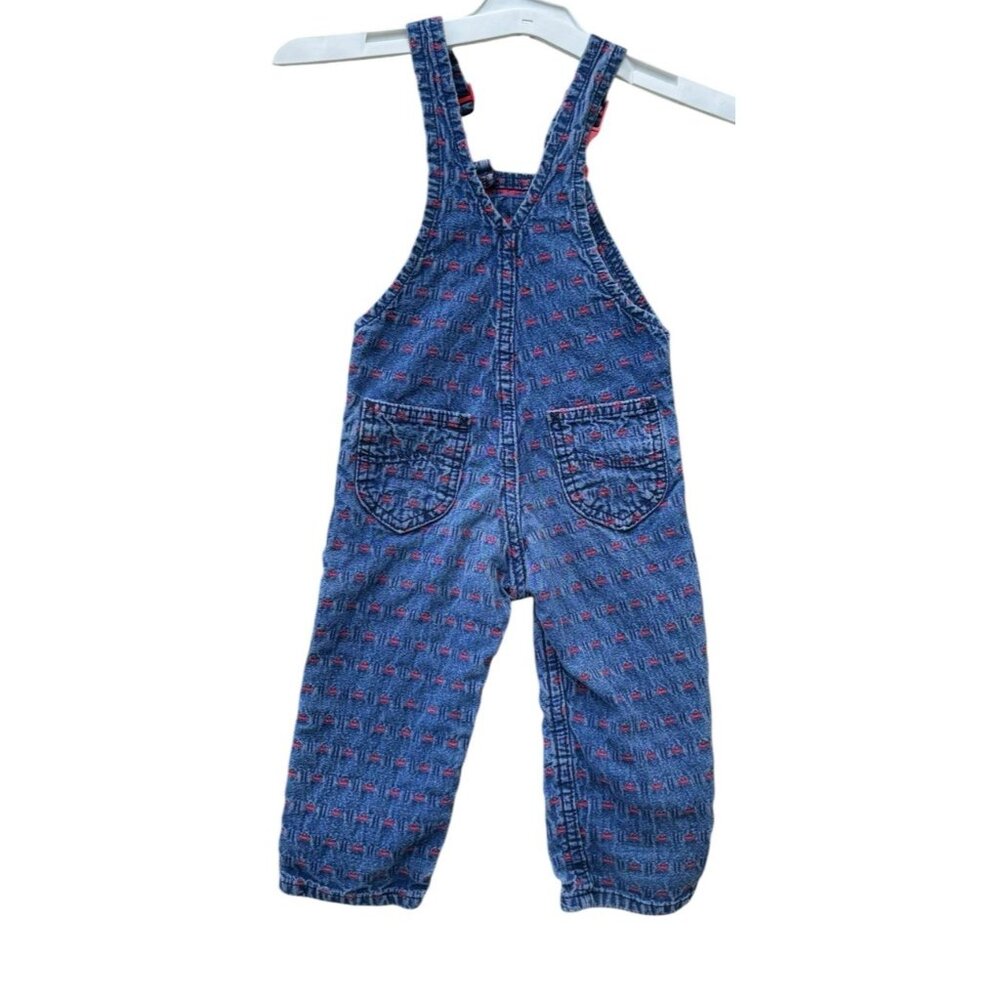 Vtg Lee Denim Overalls Boys 2 Toddler Cars Print USA Made Blue Red Retro - Picture 2 of 4